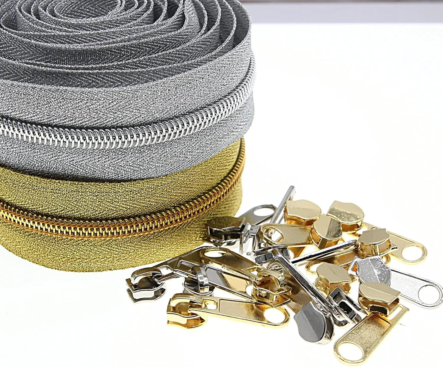 #5 Metallic Nylon Coil Zippers by The Yard,Bulk 5 Yards Gold 5 Yards Silver Metallic Teeth Sewing Zipper for DIY Tailor Crafts Bags,Each Color with 10 PCS Pulls Sliders,SHUNLI