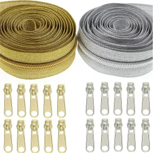 #5 Metallic Nylon Coil Zippers by The Yard,Bulk 5 Yards Gold 5 Yards Silver Metallic Teeth Sewing Zipper for DIY Tailor Crafts Bags,Each Color with 10 PCS Pulls Sliders,SHUNLI