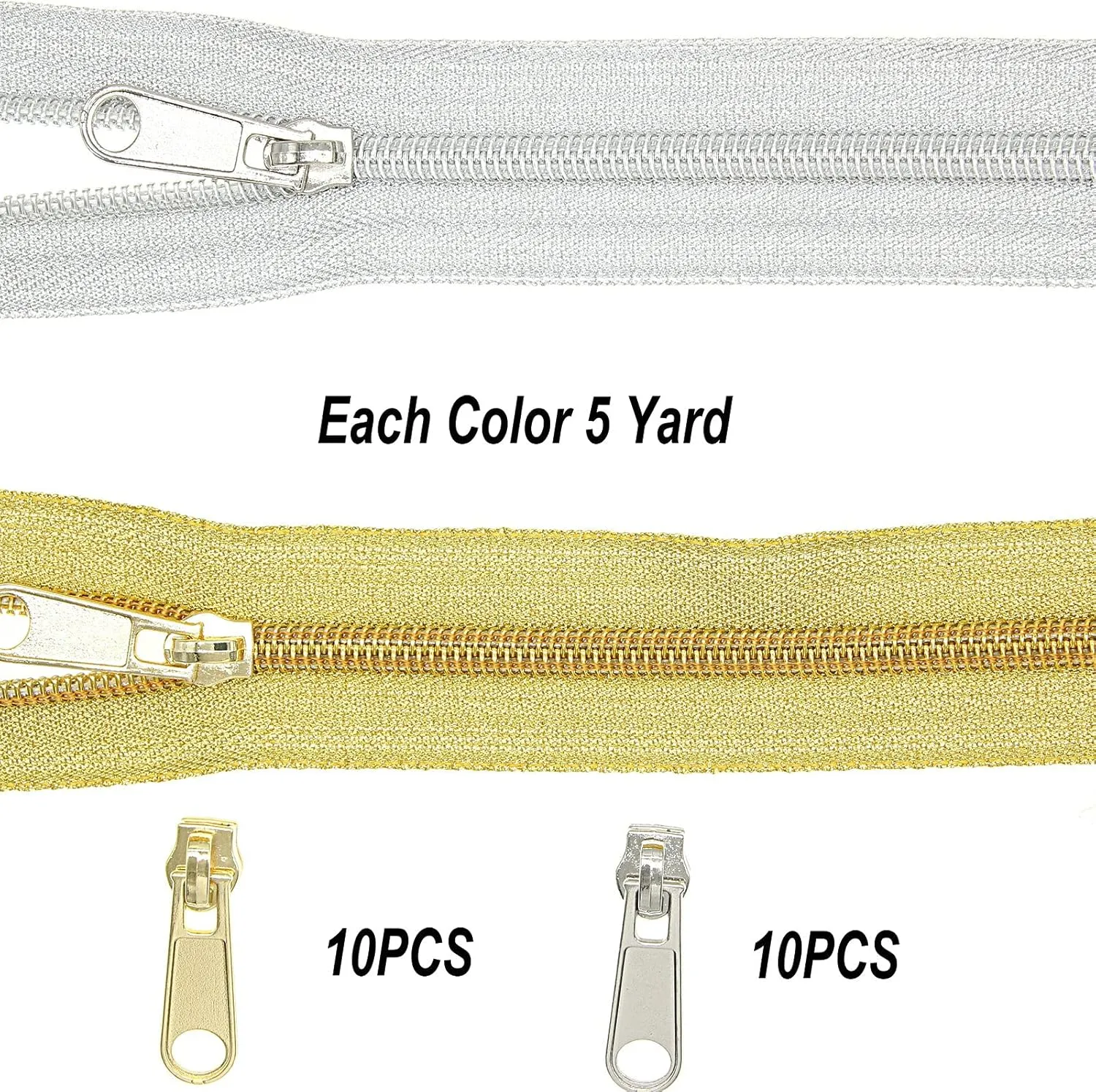 #5 Metallic Nylon Coil Zippers by The Yard,Bulk 5 Yards Gold 5 Yards Silver Metallic Teeth Sewing Zipper for DIY Tailor Crafts Bags,Each Color with 10 PCS Pulls Sliders,SHUNLI