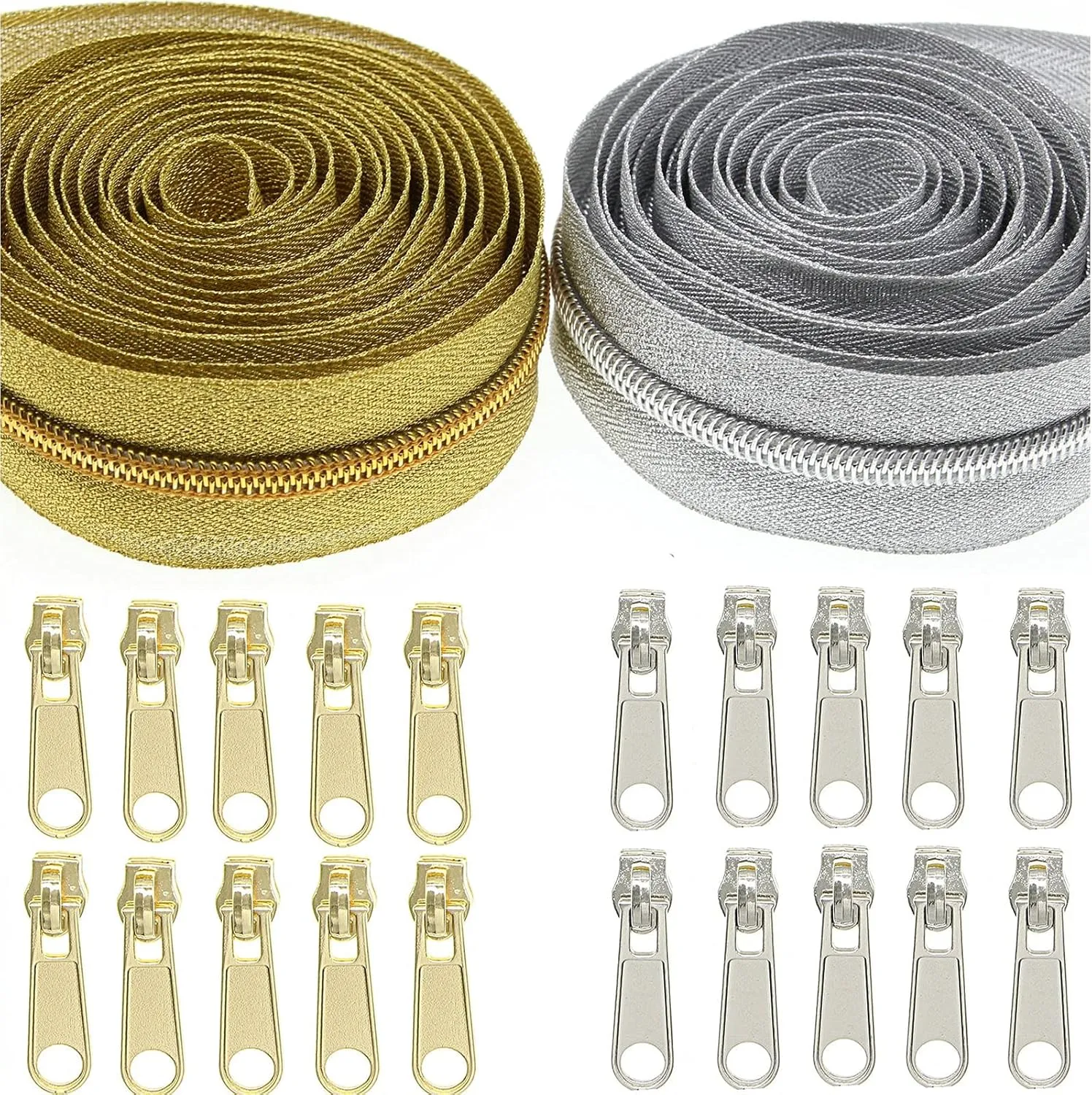 #5 Metallic Nylon Coil Zippers by The Yard,Bulk 5 Yards Gold 5 Yards Silver Metallic Teeth Sewing Zipper for DIY Tailor Crafts Bags,Each Color with 10 PCS Pulls Sliders,SHUNLI