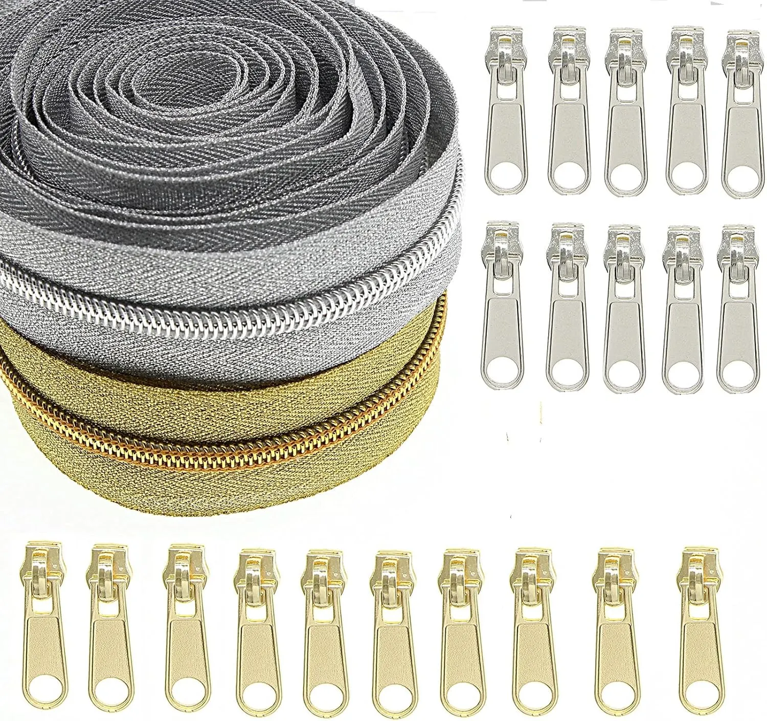 #5 Metallic Nylon Coil Zippers by The Yard,Bulk 5 Yards Gold 5 Yards Silver Metallic Teeth Sewing Zipper for DIY Tailor Crafts Bags,Each Color with 10 PCS Pulls Sliders,SHUNLI
