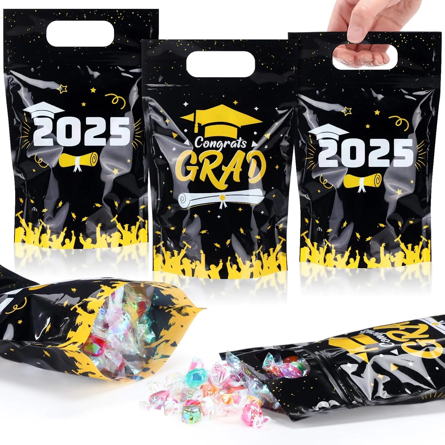 50 Pcs Graduation Gift Bags Clear Class of 2025 Sealed Pouches with Handles Resealable Congrats Grad Plastic Bag for Graduation Theme Party Candy Gift Wrap Supplies Decoration(Black)