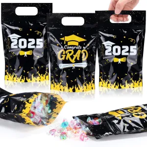 50 Pcs Graduation Gift Bags Clear Class of 2025 Sealed Pouches with Handles Resealable Congrats Grad Plastic Bag for Graduation Theme Party Candy Gift Wrap Supplies Decoration(Black)