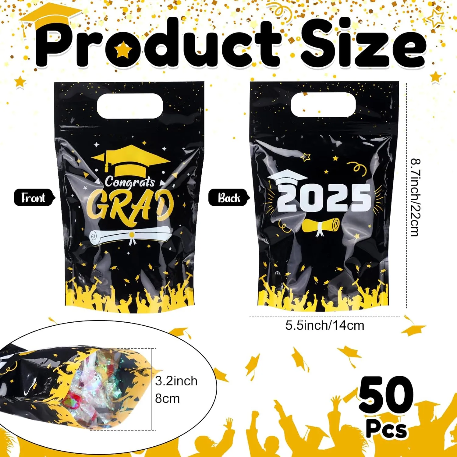 50 Pcs Graduation Gift Bags Clear Class of 2025 Sealed Pouches with Handles Resealable Congrats Grad Plastic Bag for Graduation Theme Party Candy Gift Wrap Supplies Decoration(Black)