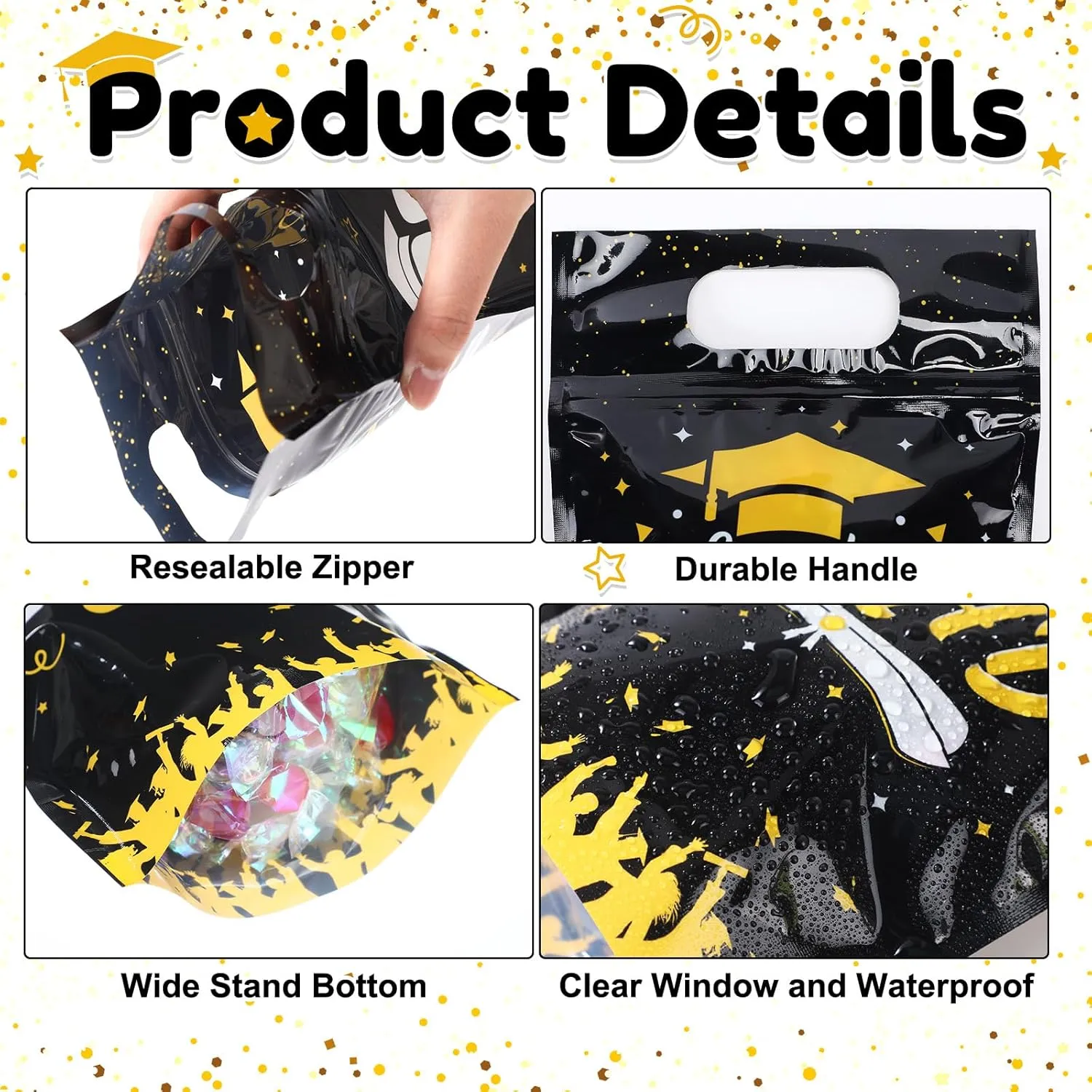 50 Pcs Graduation Gift Bags Clear Class of 2025 Sealed Pouches with Handles Resealable Congrats Grad Plastic Bag for Graduation Theme Party Candy Gift Wrap Supplies Decoration(Black)