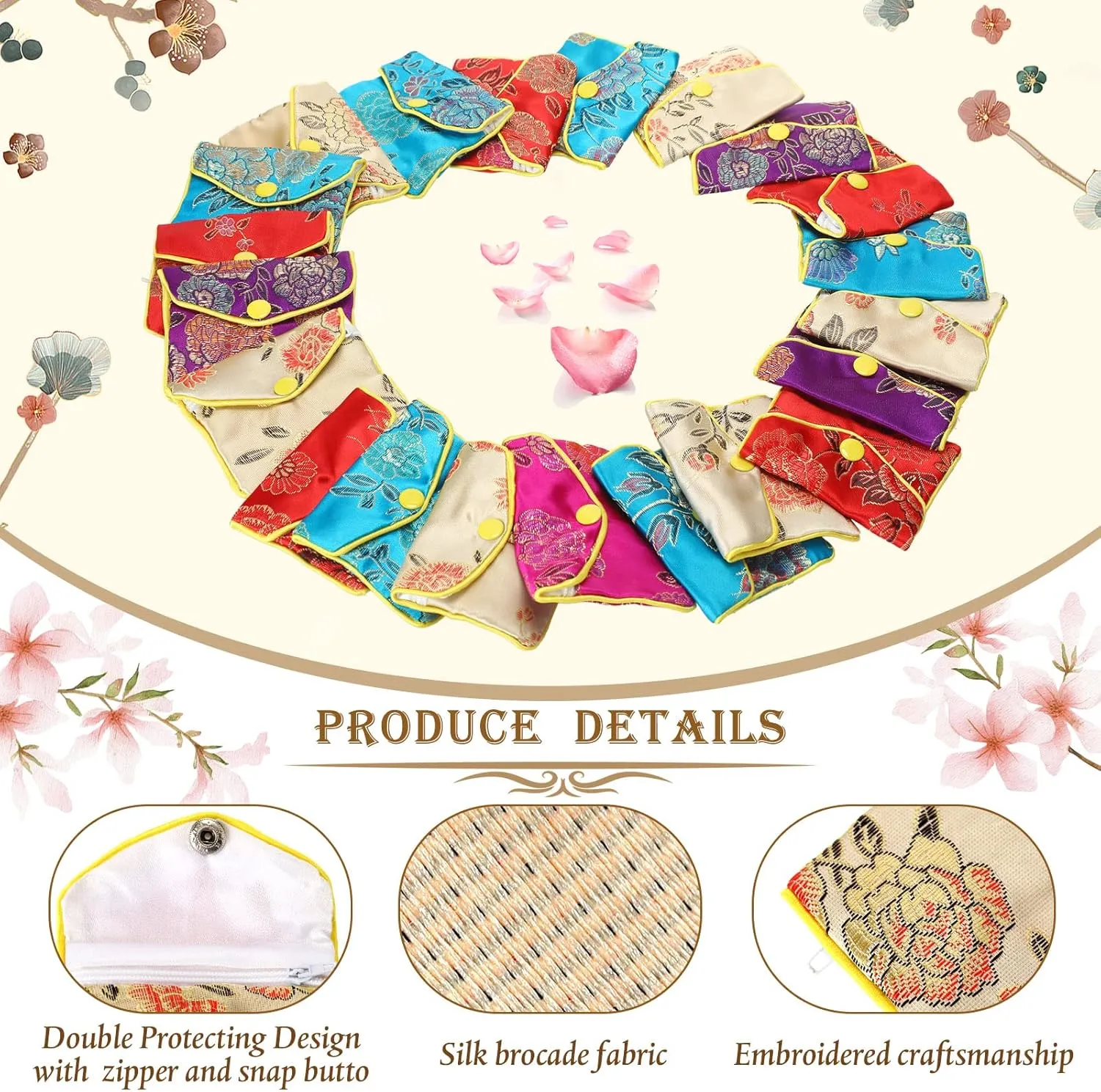 50 Pcs Jewelry Silk Purse Pouch Gift Bags Bulk, Chinese Silk Style Brocade Embroidered Bag with Zipper Jewelry Bags(2.56 x 3.15 Inch,Bright Color)
