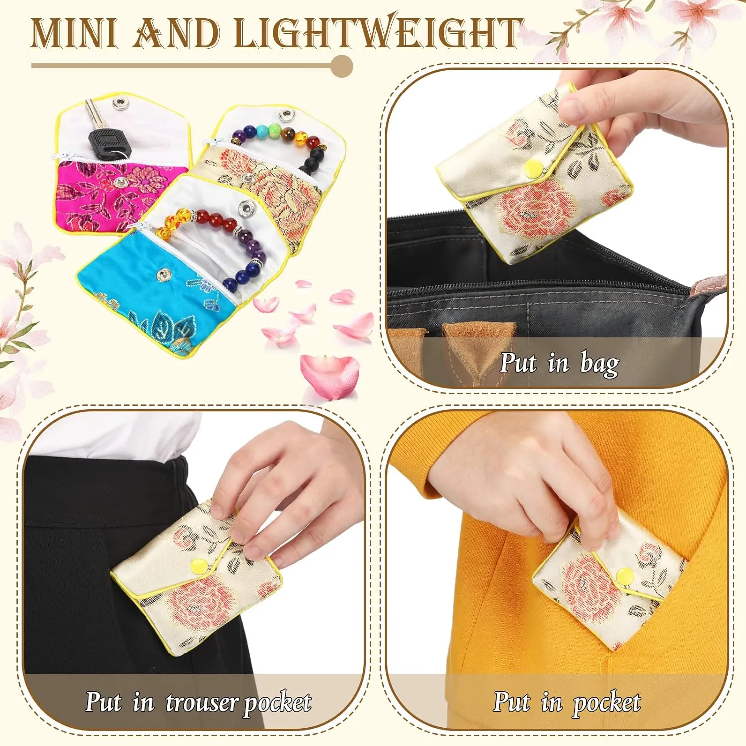 50 Pcs Jewelry Silk Purse Pouch Gift Bags Bulk, Chinese Silk Style Brocade Embroidered Bag with Zipper Jewelry Bags(2.56 x 3.15 Inch,Bright Color)