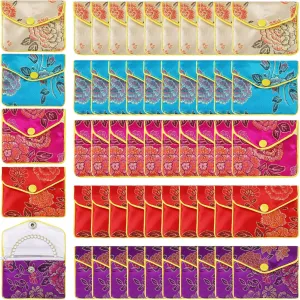 50 Pcs Jewelry Silk Purse Pouch Gift Bags Bulk, Chinese Silk Style Brocade Embroidered Bag with Zipper Jewelry Bags(2.56 x 3.15 Inch,Bright Color)