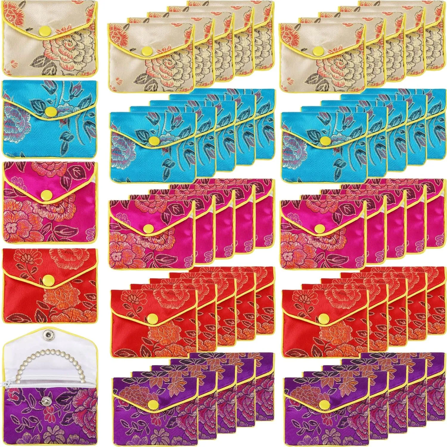 50 Pcs Jewelry Silk Purse Pouch Gift Bags Bulk, Chinese Silk Style Brocade Embroidered Bag with Zipper Jewelry Bags(2.56 x 3.15 Inch,Bright Color)
