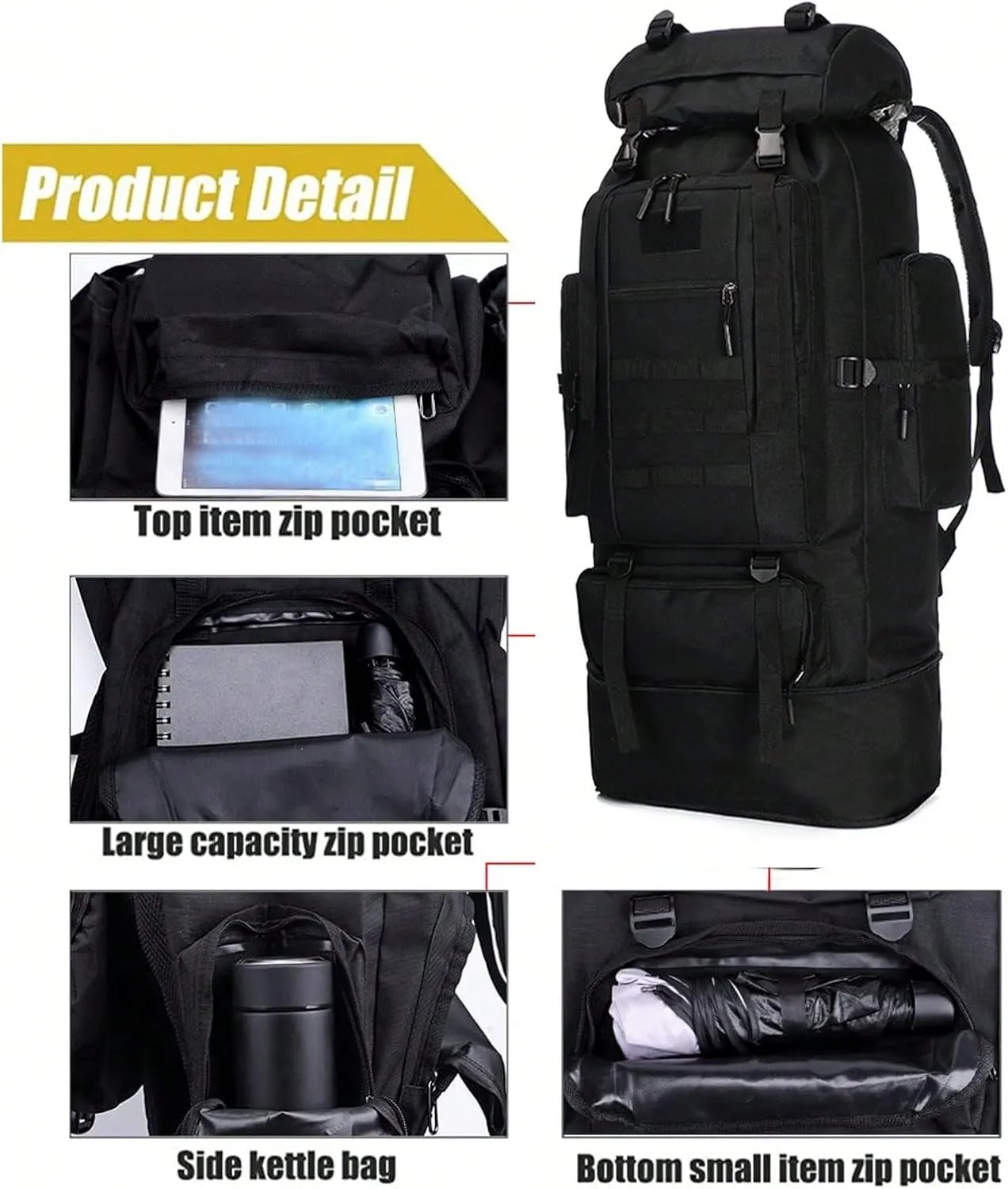 80L/100L Hiking Backpack for Camping Backpack Military Rucksack Molle 5 Days Assault Pack for Climbing Trekking (Black,100L)