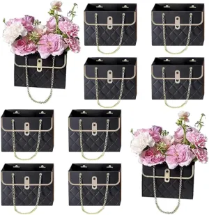 8PCS Flower Paper Gift Bag, Bouquet Storage Bucket Florist Handbag with Metal Chain, Gift Craft Wrap Bag for Wedding Party Valentine's Day Birthday Mother's Day Bridal Shower Gift Wrap Bags (Black)