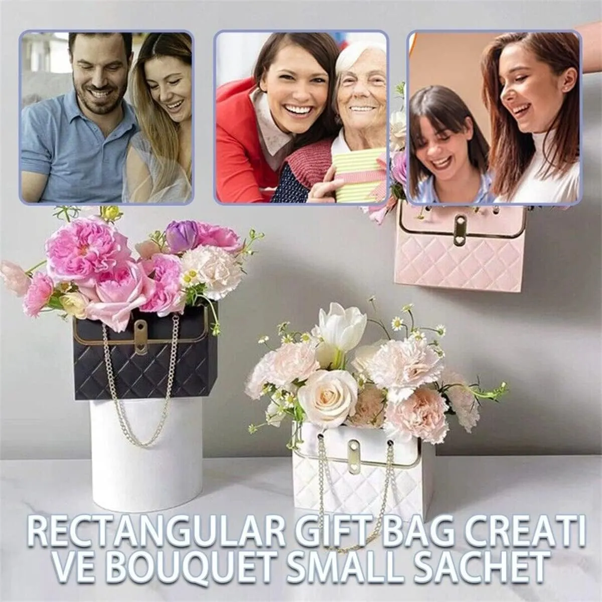 8PCS Flower Paper Gift Bag, Bouquet Storage Bucket Florist Handbag with Metal Chain, Gift Craft Wrap Bag for Wedding Party Valentine's Day Birthday Mother's Day Bridal Shower Gift Wrap Bags (Black)