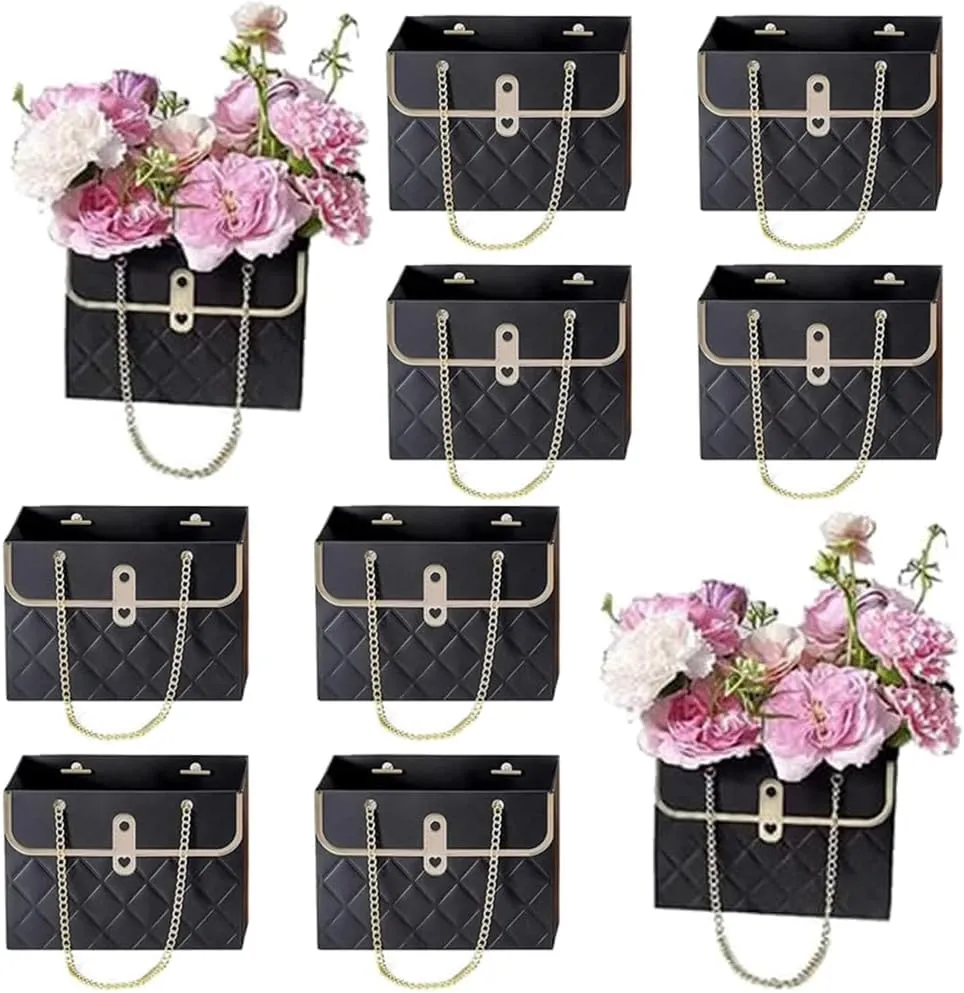 8PCS Flower Paper Gift Bag, Bouquet Storage Bucket Florist Handbag with Metal Chain, Gift Craft Wrap Bag for Wedding Party Valentine's Day Birthday Mother's Day Bridal Shower Gift Wrap Bags (Black)