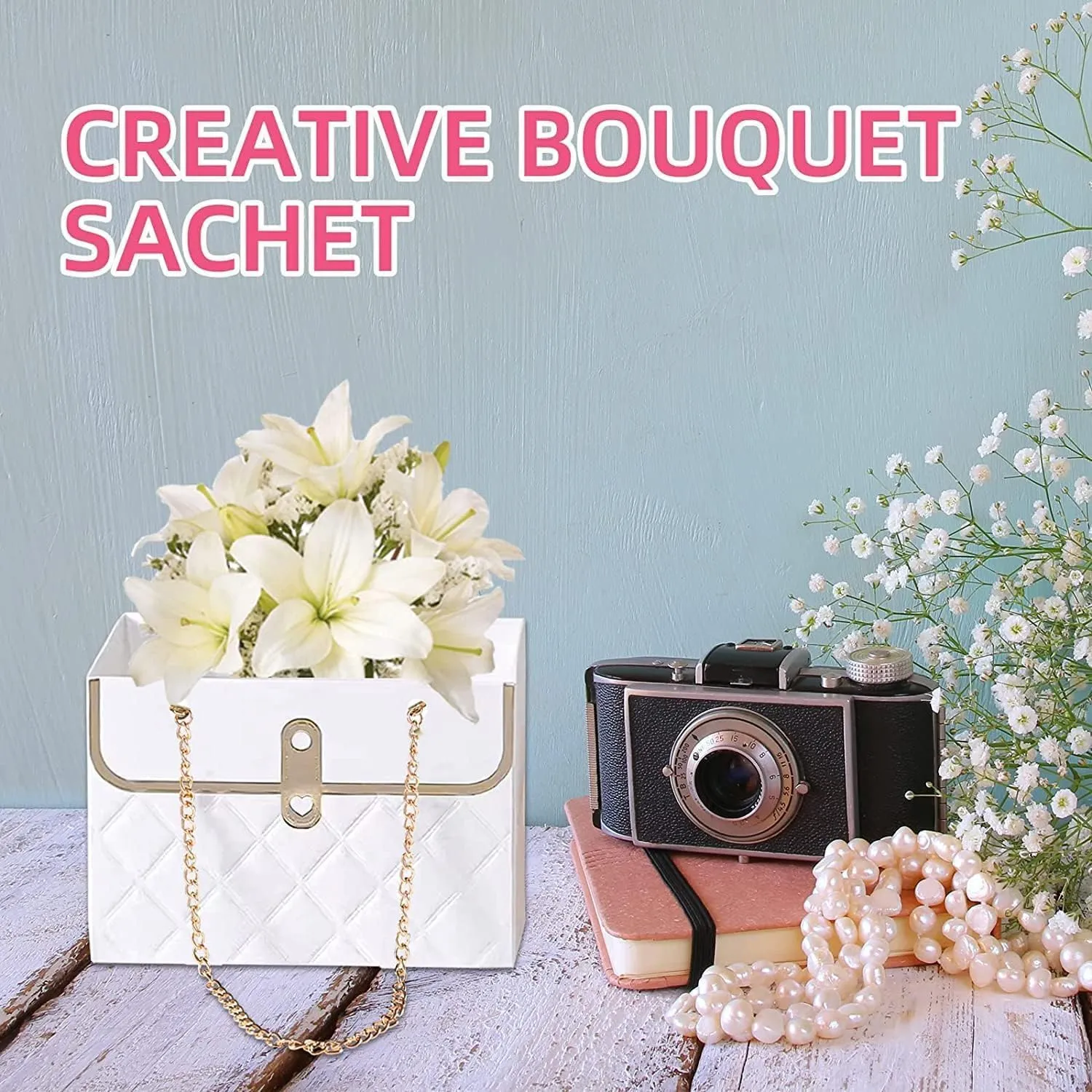 8PCS Flower Paper Gift Bag, Bouquet Storage Bucket Florist Handbag with Metal Chain, Gift Craft Wrap Bag for Wedding Party Valentine's Day Birthday Mother's Day Bridal Shower Gift Wrap Bags (Black)