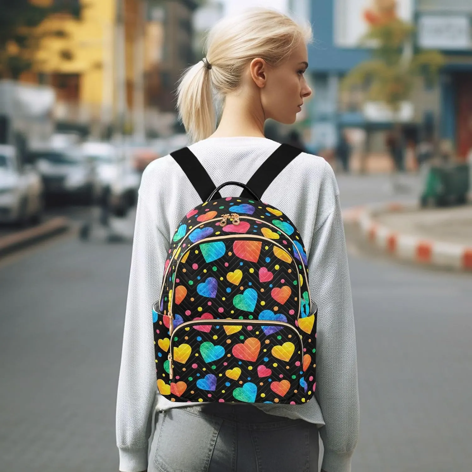 ALAZA Mini Backpack Purse for Women Lightweight Girls Small Size Rainbow Heart Watercolor School Teens College Traveling