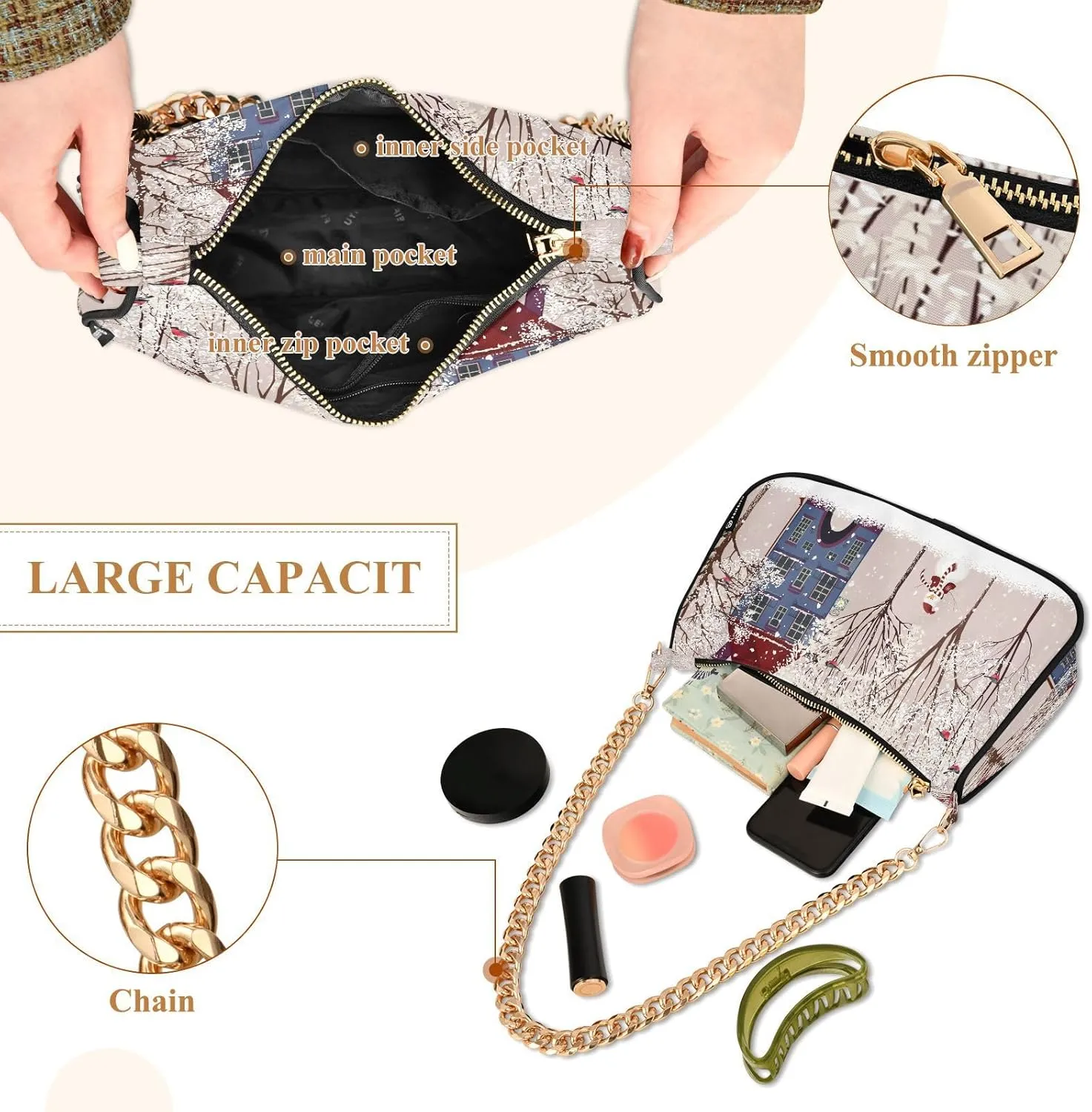 ALAZA Shoulder Handbags for Women Travel Hobo Tote Handbag Women Gold Chain Shoulder Bags Purse with Zipper Closure