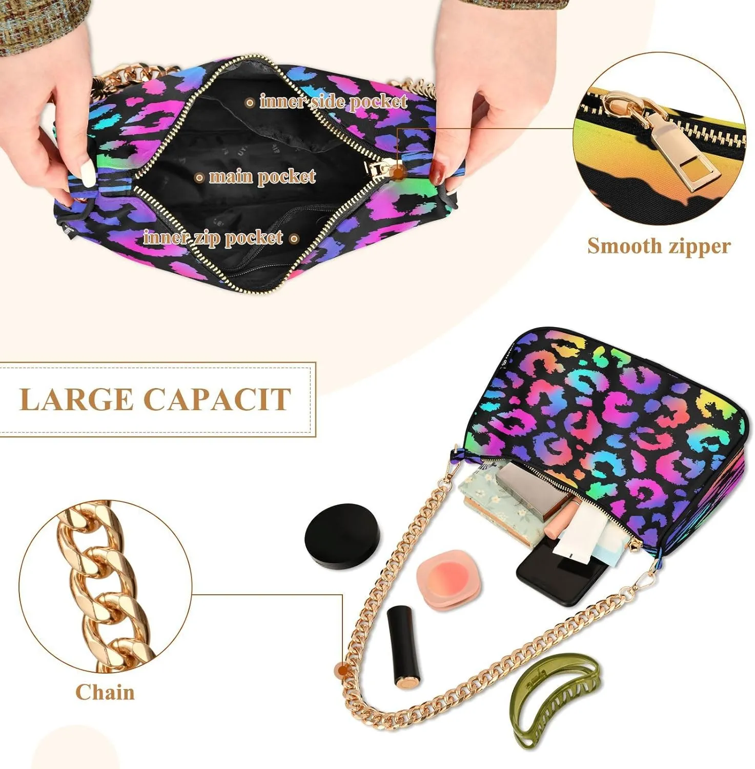 ALAZA Shoulder Handbags for Women Travel Hobo Tote Handbag Women Gold Chain Shoulder Bags Purse with Zipper Closure