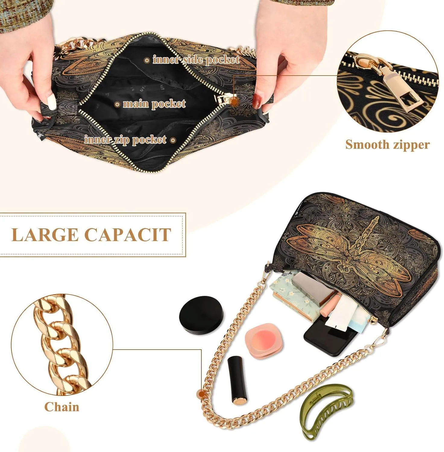 ALZA Shoulder Handbags for Women Travel Hobo Tote Handbag Women Gold Chain Shoulder Bags Purse with Zipper Closure
