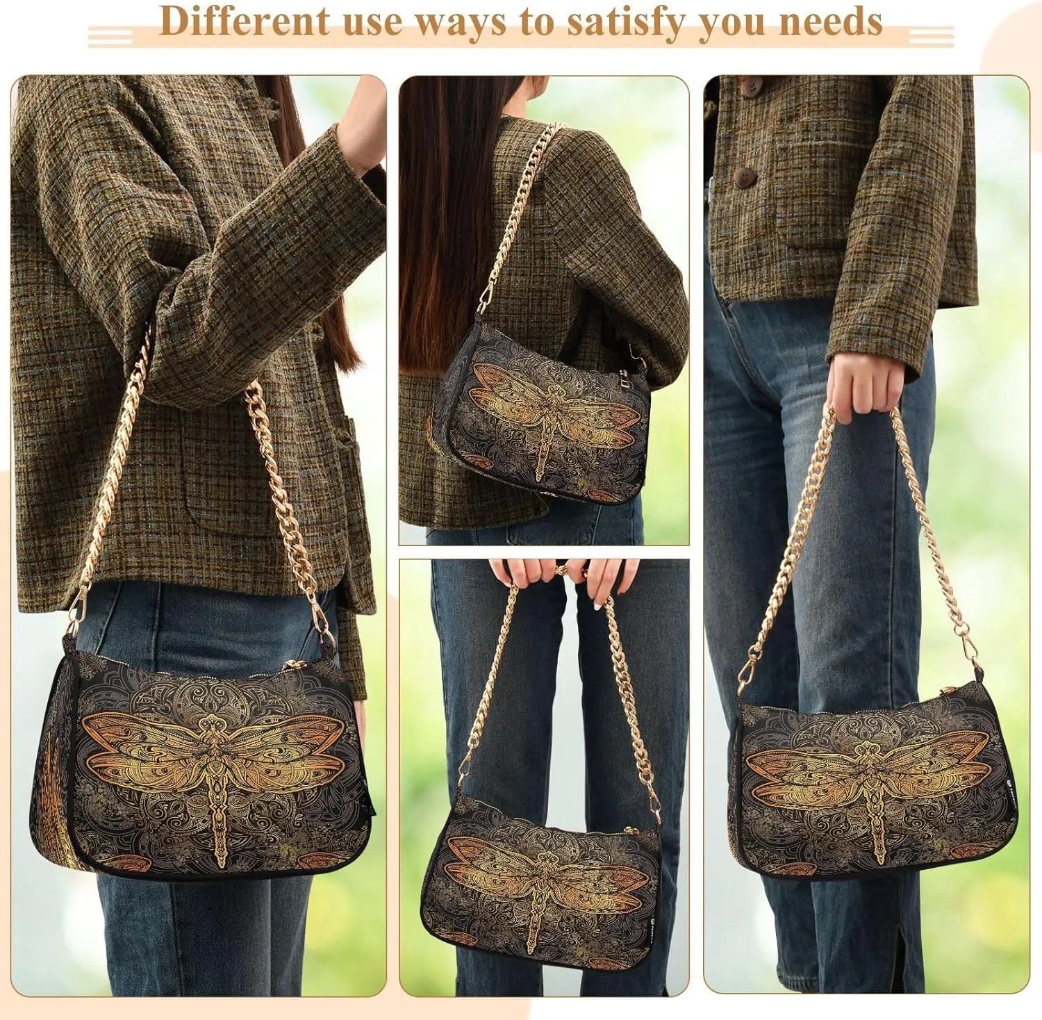 ALZA Shoulder Handbags for Women Travel Hobo Tote Handbag Women Gold Chain Shoulder Bags Purse with Zipper Closure