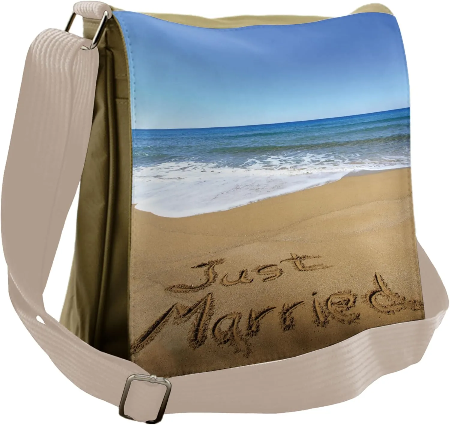 Ambesonne Beach Messenger Bag, Just Married on Sand, Unisex Cross-body