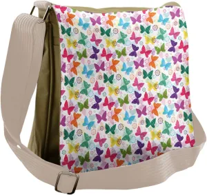 Ambesonne Butterfly Messenger Bag, Vibrant Floral Happy, Unisex Cross-body