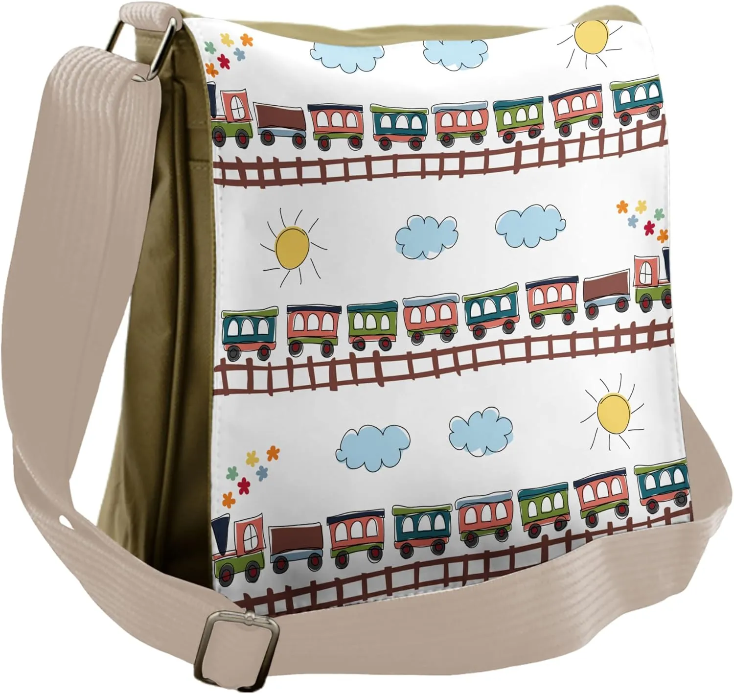 Ambesonne Cartoon Messenger Bag, Train Tracklines, Unisex Cross-body