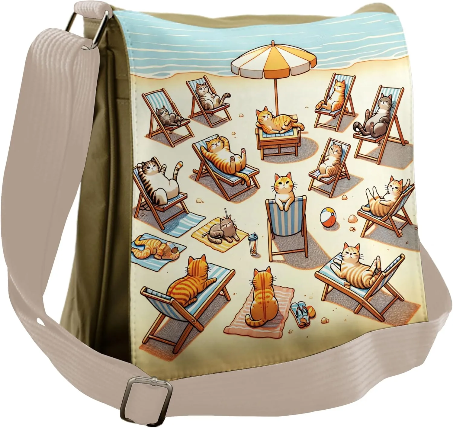 Ambesonne Cat Messenger Bag, Summer Kittens Sandy Beach Fun, Unisex Cross-body