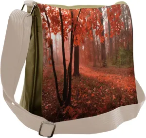 Ambesonne Fall Messenger Bag, Misty Forest Leaves Orange, Unisex Cross-body