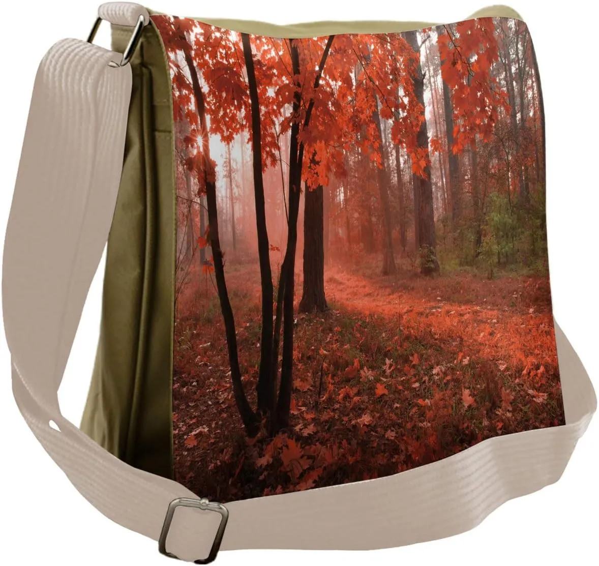 Ambesonne Fall Messenger Bag, Misty Forest Leaves Orange, Unisex Cross-body