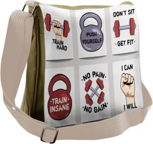 Ambesonne Fitness Messenger Bag, Cartoon Positive Phrases, Unisex Cross-body