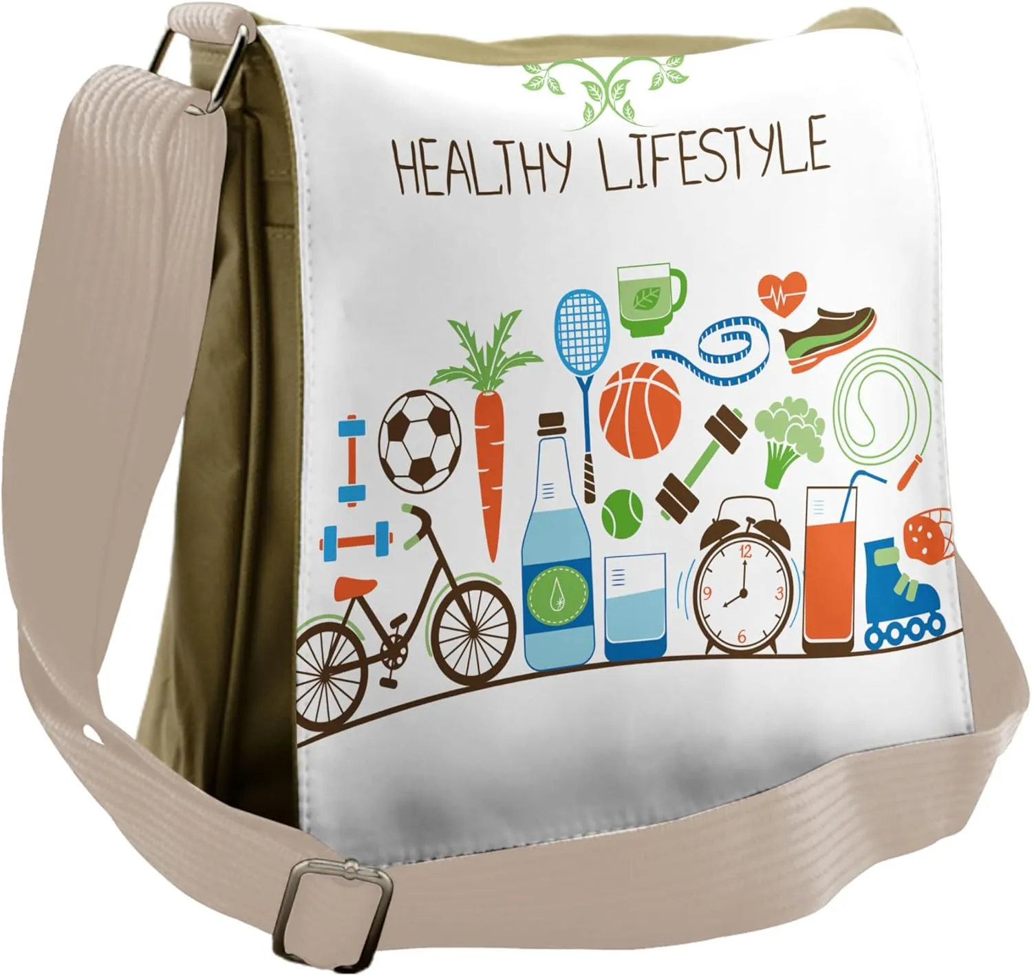 Ambesonne Fitness Messenger Bag, Colorful Wellness Themed, Unisex Cross-body
