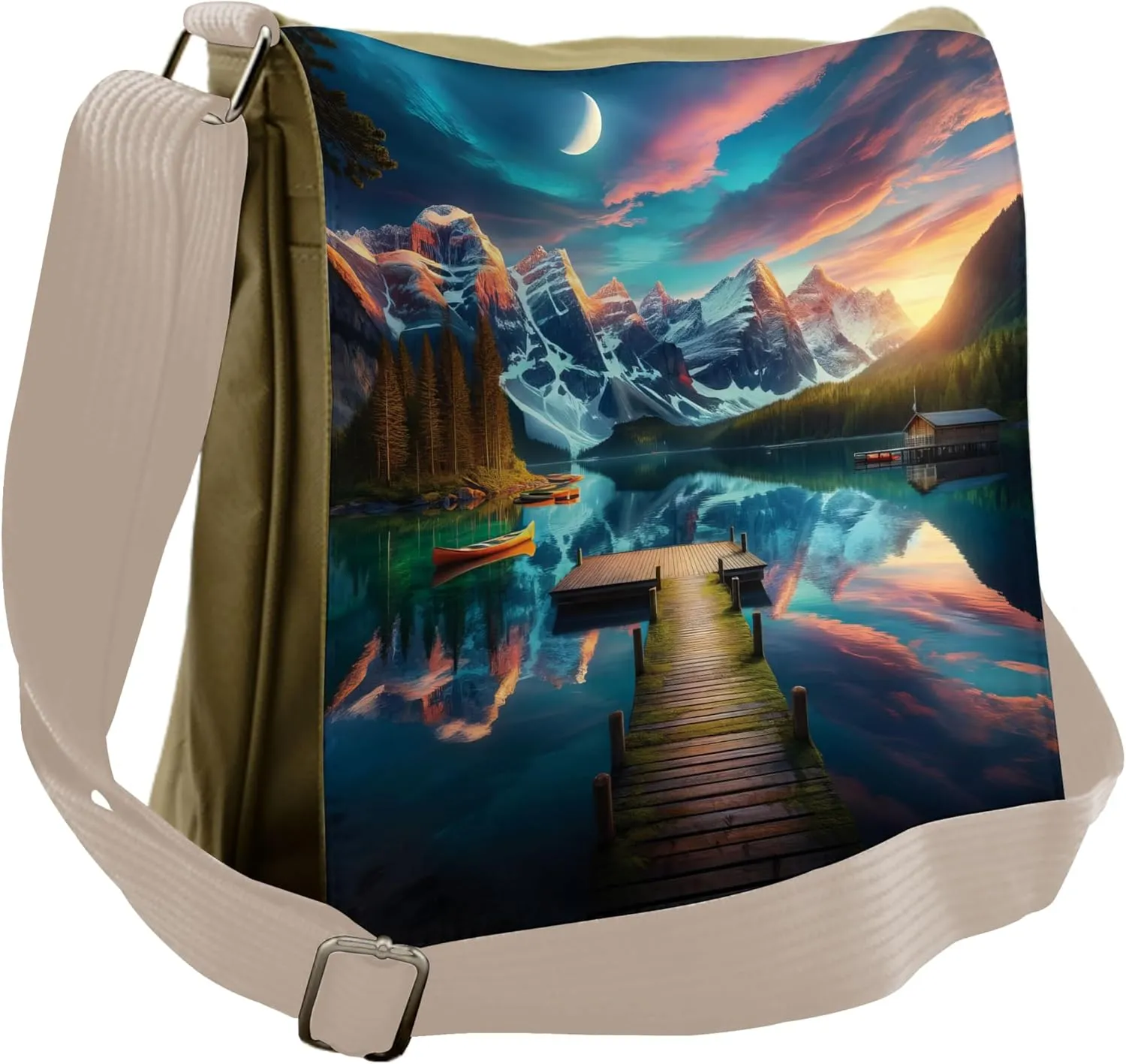 Ambesonne Lake Messenger Bag, Wooden Pier Dramatic Night, Unisex Cross-body