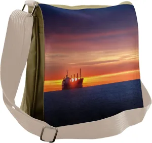Ambesonne Nautical Messenger Bag, Sunrise over Sea Ship, Unisex Cross-body