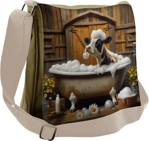 Ambesonne Rustic Messenger Bag, Cow in Bubbly Bathtub Barn, Unisex Cross-body