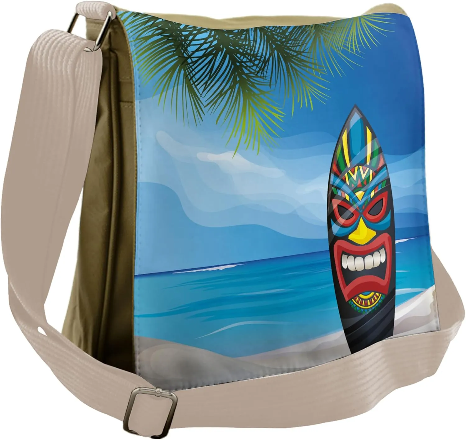 Ambesonne Tiki Bar Messenger Bag, Tiki Surfboard, Unisex Cross-body