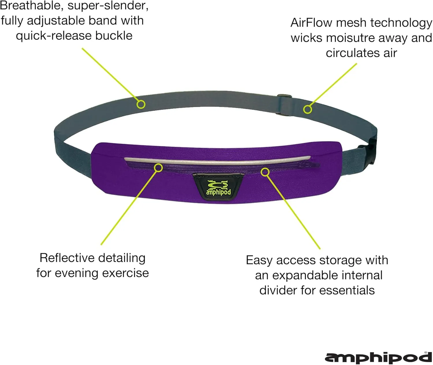 Amphipod AirFlow MicroStretch Belt, Ultra-Light Minimalist Runners Waist Pack Bag for Running, Jogging, Men & Women - Purple/Silver - L