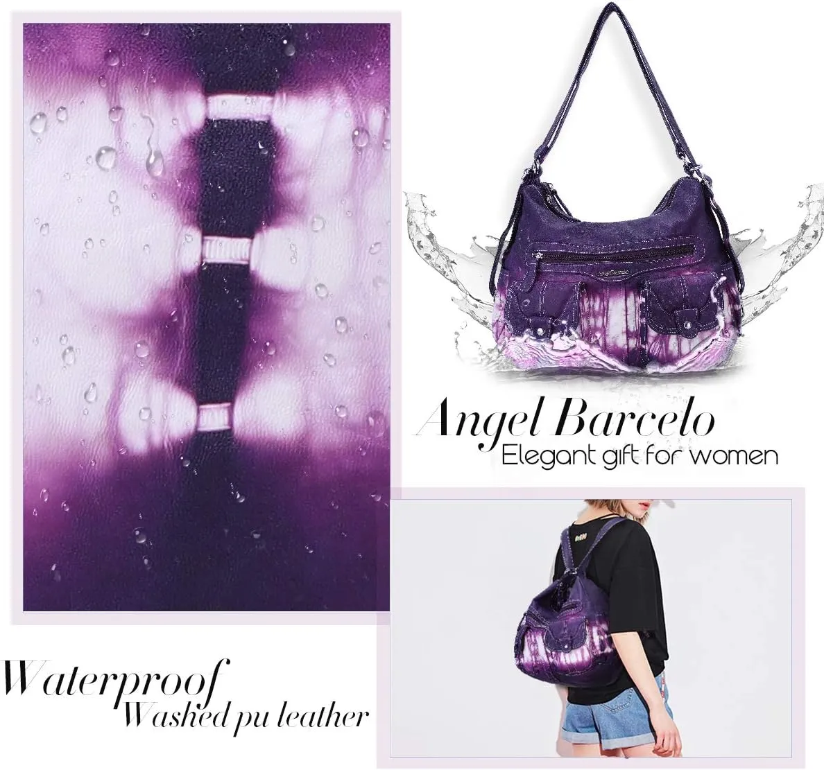 Angel Barcelo Women Multifunctional Soft Leather Handbag Purses Shoulder Hobo Backpack Crossbody Zipper Bag with Pocket