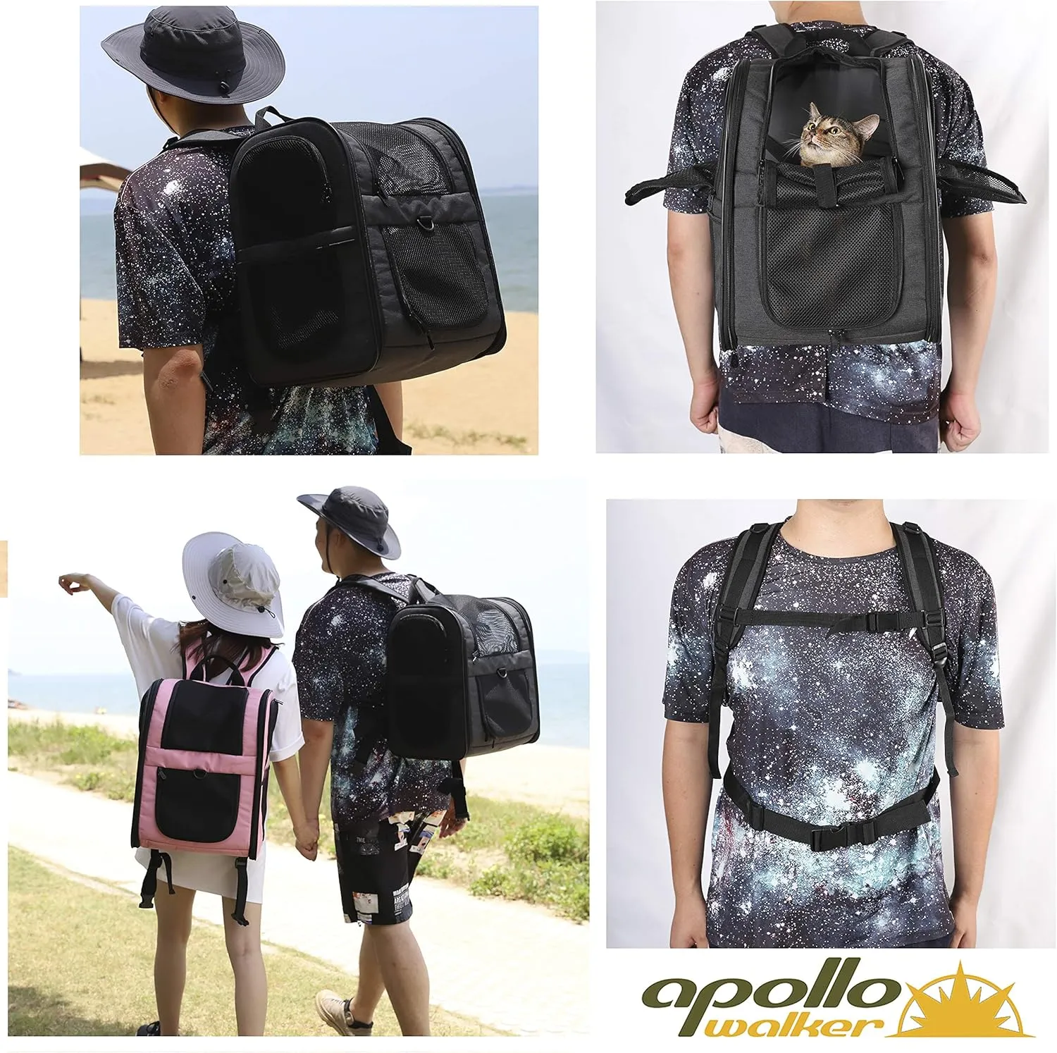 Apollo Walker Pet Carrier Backpack for Large/Small Cats and Dogs, Puppies, Safety Features and Cushion Back Support for Travel, Hiking, Outdoor Use (Black-Expandable)