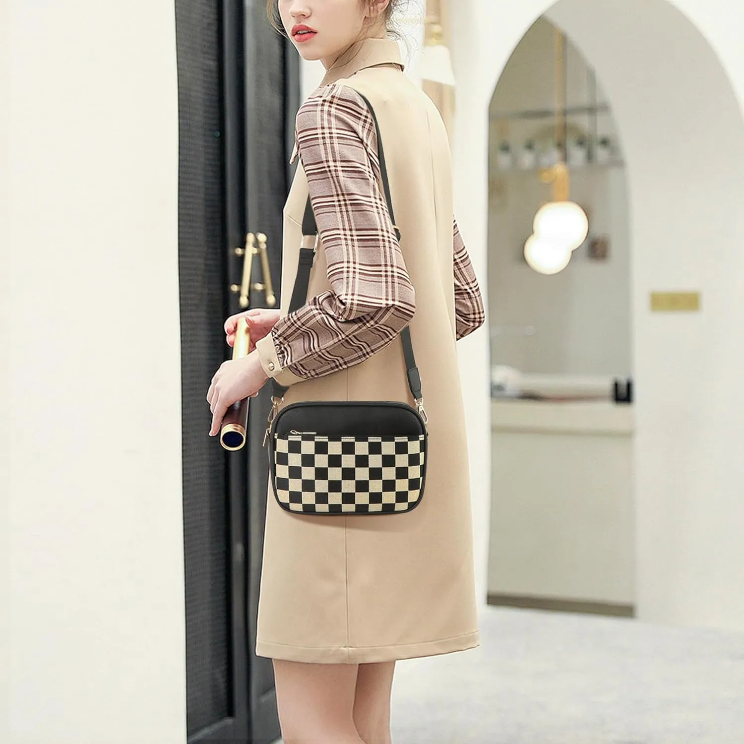 ARGINAO quliting seam Crossbody Bag for Women Vegan Leather Shoulder Bag with Embroidered Strap