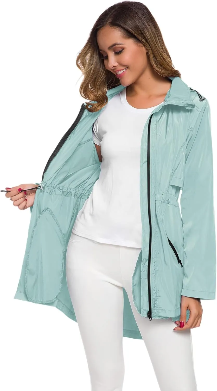 Avoogue Women's Long Raincoat with Hood Outdoor Lightweight Windbreaker Rain Jacket Waterproof