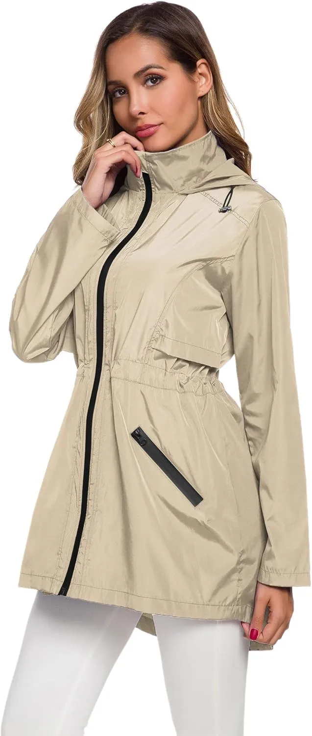 Avoogue Women's Long Raincoat with Hood Outdoor Lightweight Windbreaker Rain Jacket Waterproof