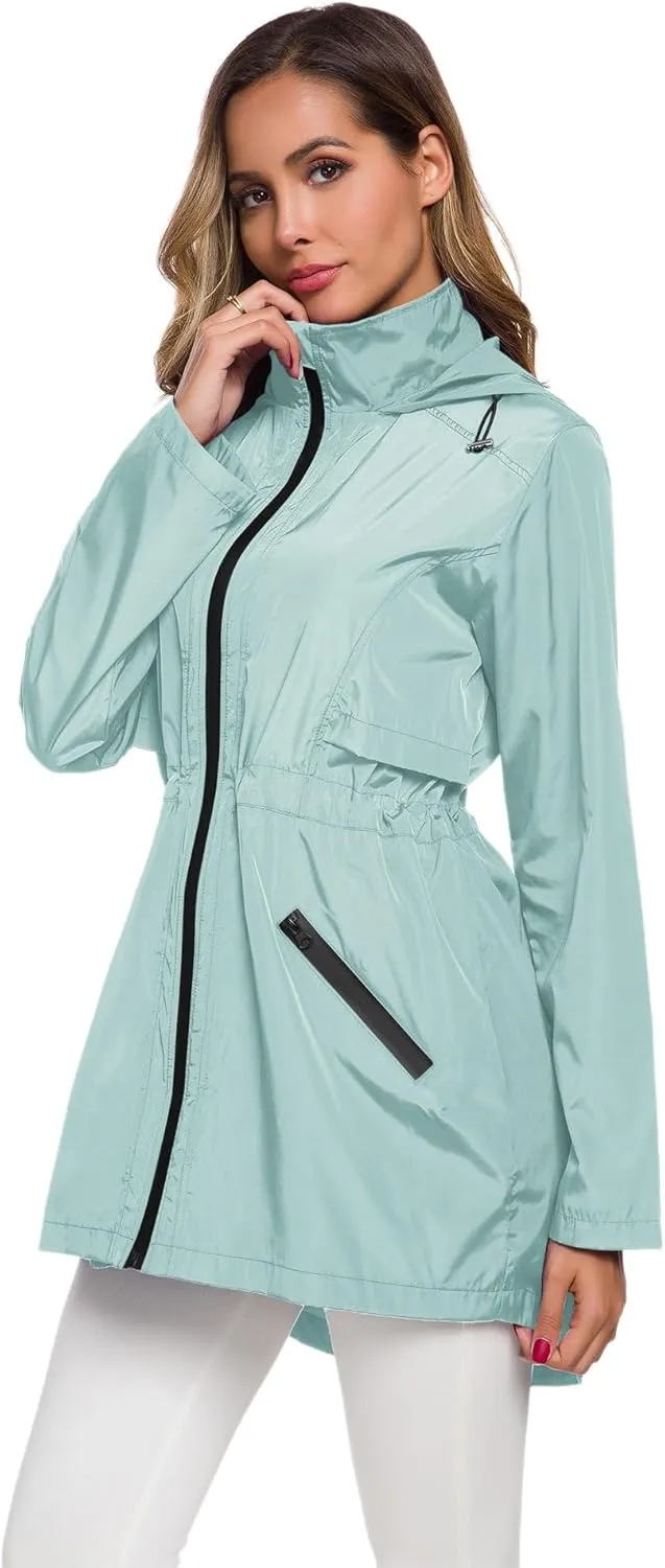 Avoogue Women's Long Raincoat with Hood Outdoor Lightweight Windbreaker Rain Jacket Waterproof