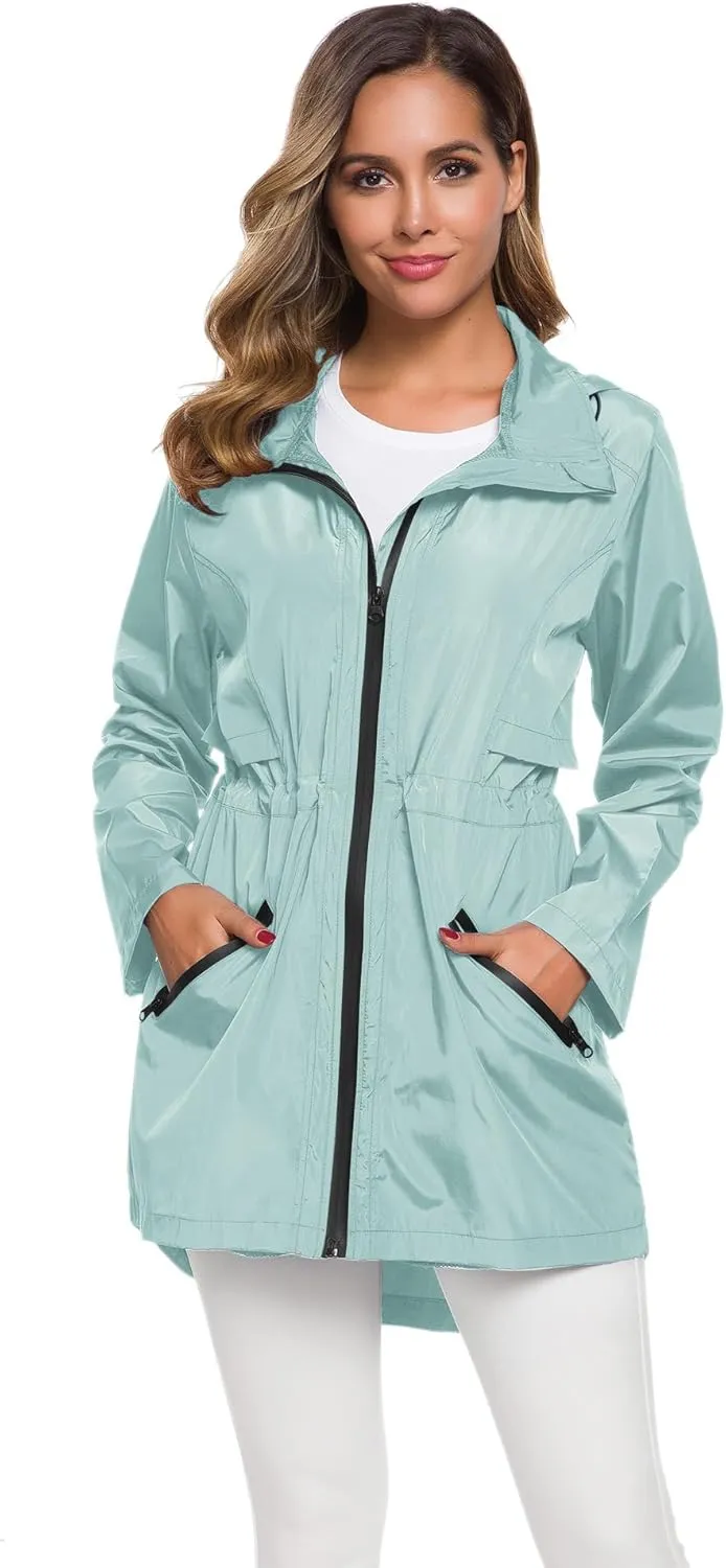 Avoogue Women's Long Raincoat with Hood Outdoor Lightweight Windbreaker Rain Jacket Waterproof