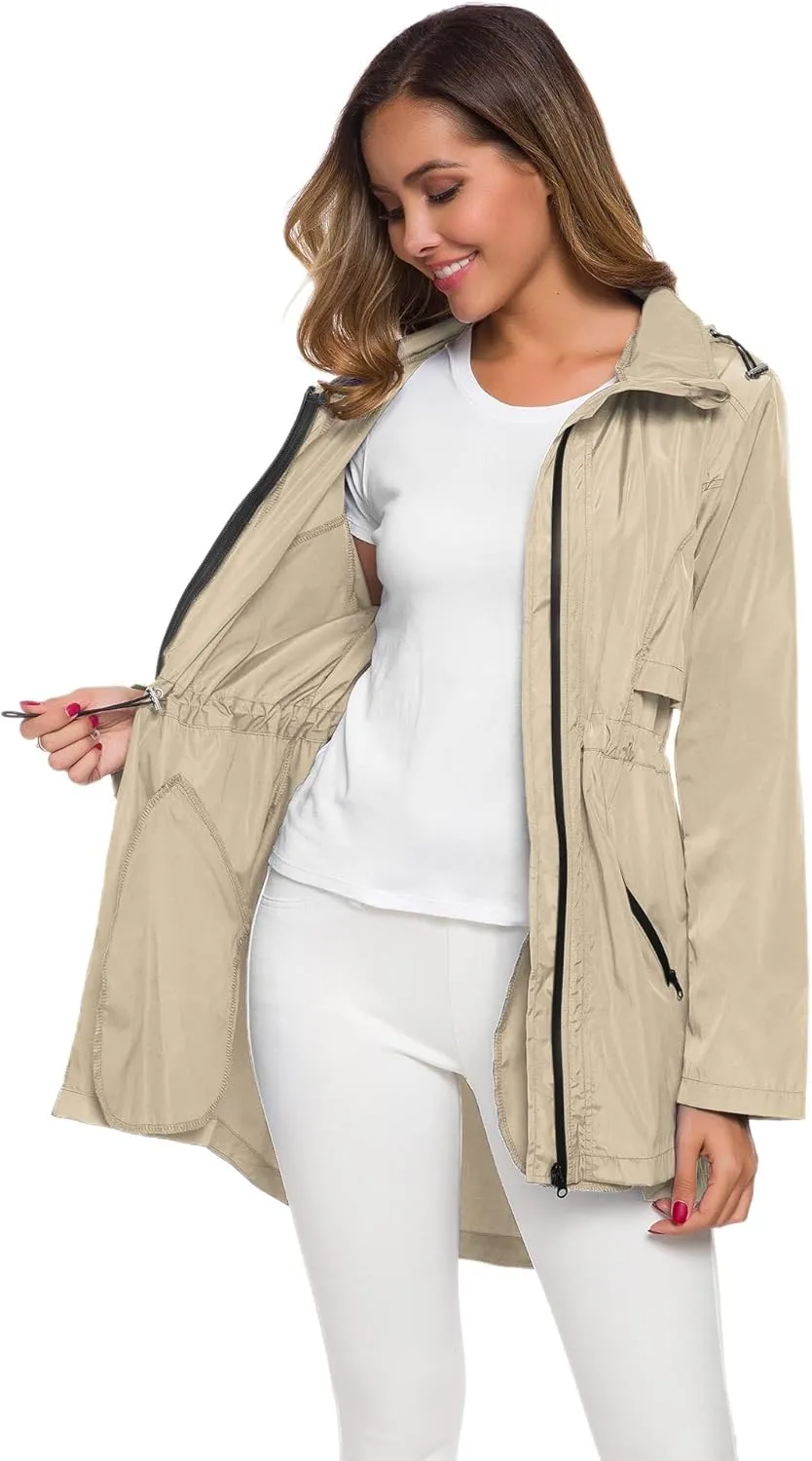 Avoogue Women's Long Raincoat with Hood Outdoor Lightweight Windbreaker Rain Jacket Waterproof