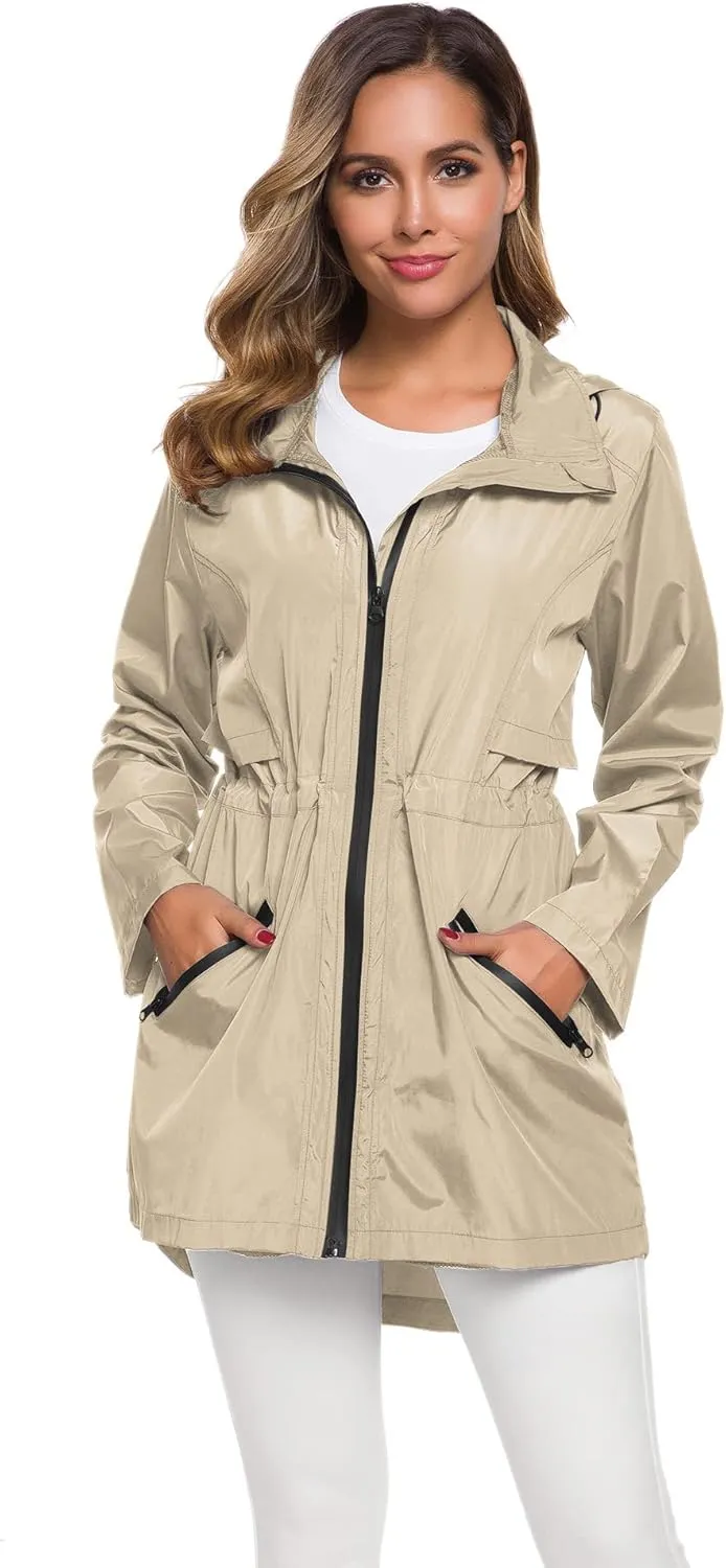 Avoogue Women's Long Raincoat with Hood Outdoor Lightweight Windbreaker Rain Jacket Waterproof