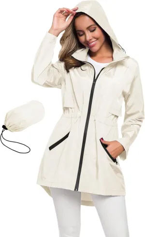 Avoogue Women's Long Raincoat with Hood Outdoor Lightweight Windbreaker Rain Jacket Waterproof