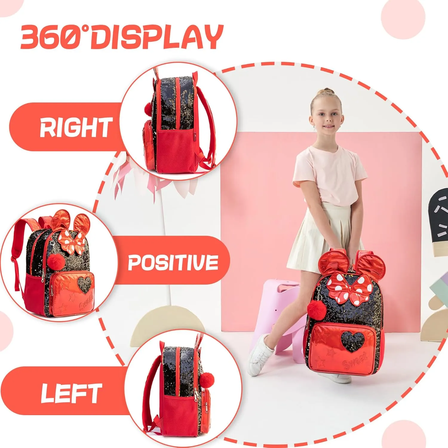 Backpack for Girls 16" Backpacks for Girls for School Sequin Backpack with Lunch Box for Elementary Students