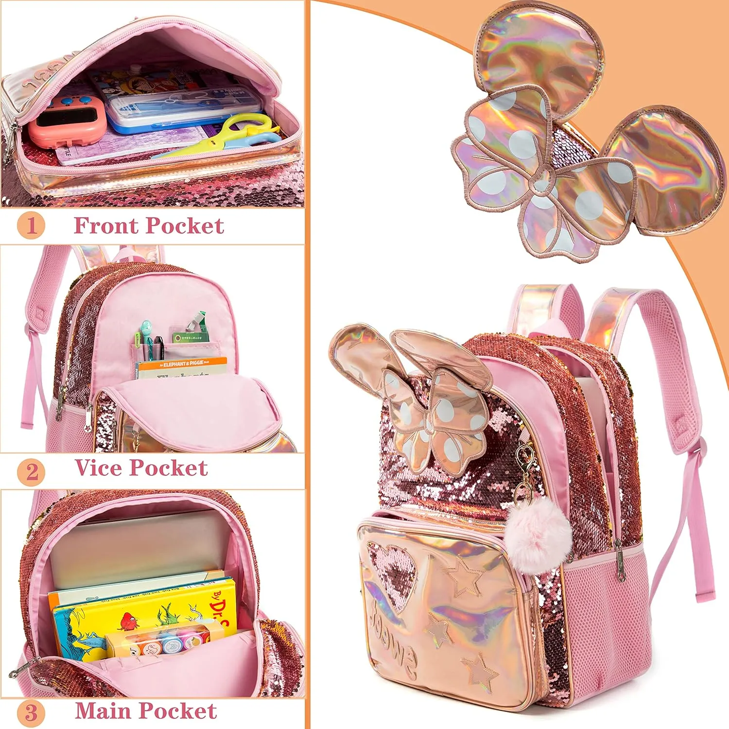 Backpack for Girls 16" Backpacks for Girls for School Sequin Backpack with Lunch Box for Elementary Students
