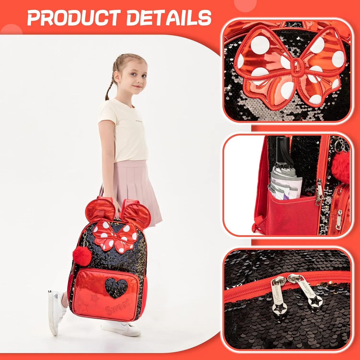 Backpack for Girls 16" Backpacks for Girls for School Sequin Backpack with Lunch Box for Elementary Students