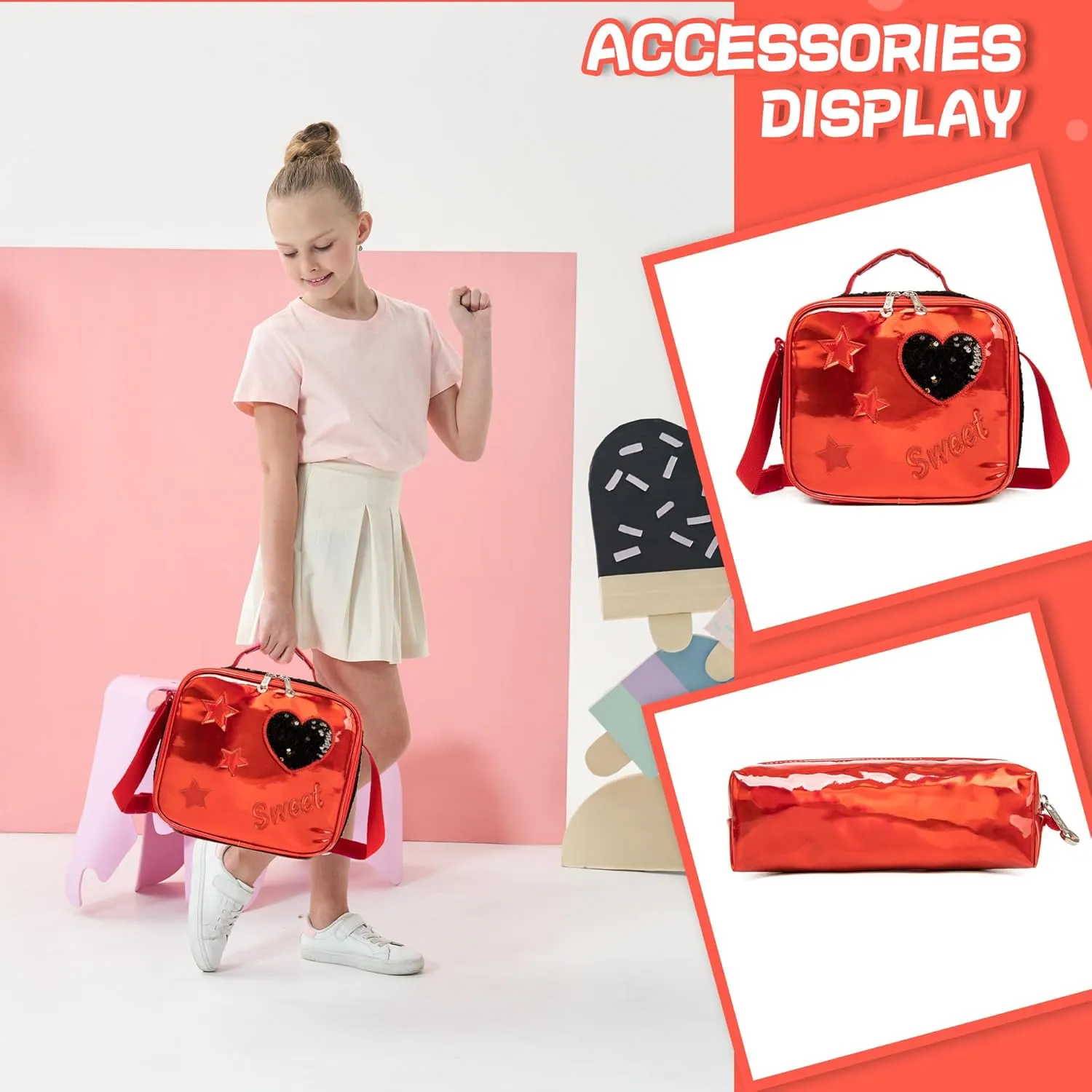 Backpack for Girls 16" Backpacks for Girls for School Sequin Backpack with Lunch Box for Elementary Students